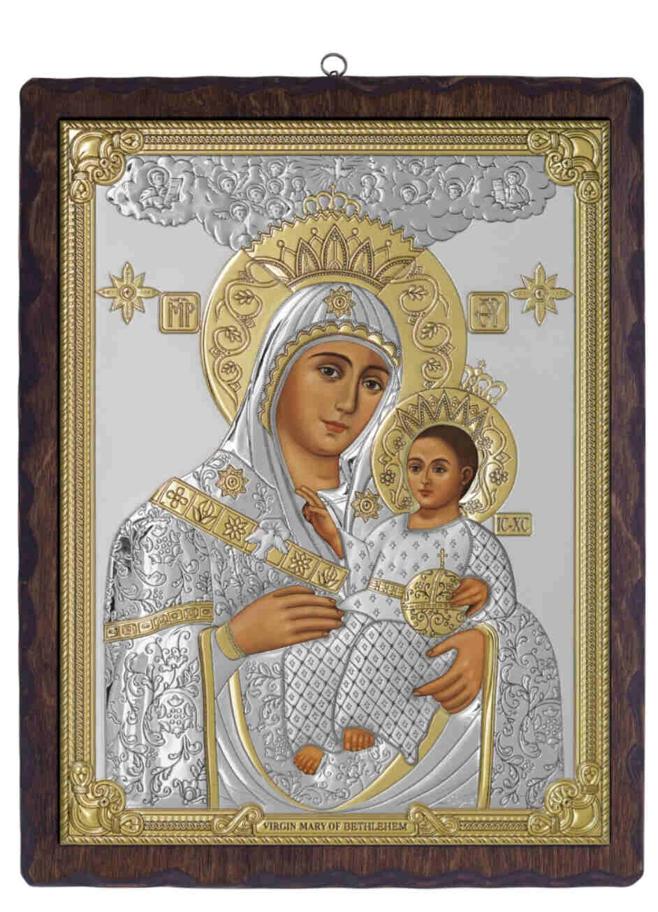 Virgin Mary Christian icon hand made in Bethlehem, three quarter view of the religious piece