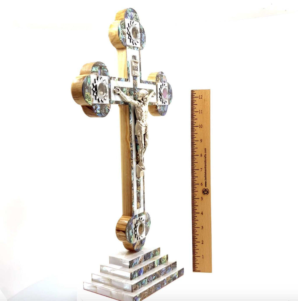 Standing Crucifix, 15.5" with 2.5" Base, Budded, Holy Land Olive Wood and Mother of Pearl with 5 souvenirs