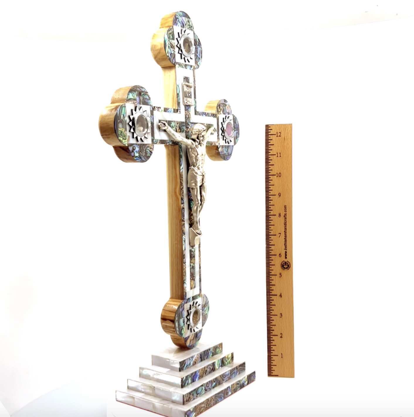 Standing Crucifix, 15.5" with 2.5" Base, Budded, Holy Land Olive Wood and Mother of Pearl with 5 souvenirs