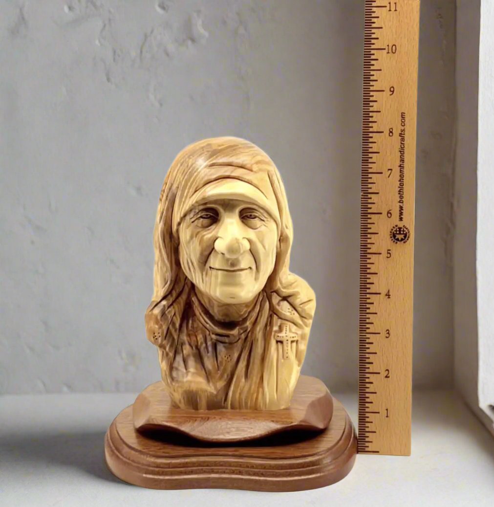 Saint Mother Teresa of Calcutta Bust, 8.5" Carved Wooden Statue from Holy Land