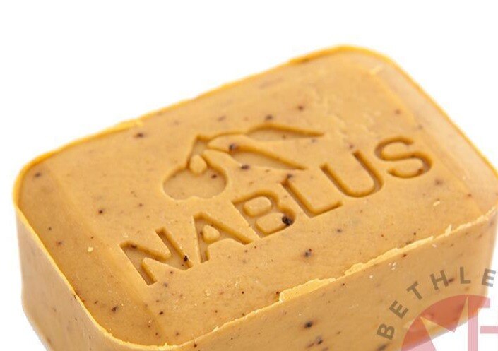 Pure olive oil soap from Nablus Holy Land, three quarter view of the religious piece