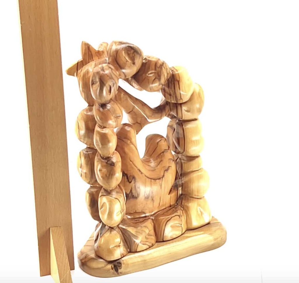 Olive wood nativity scene hand carved in Bethlehem, 8.7 inch close detail of the hand carved work
