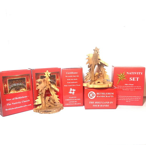 ( Set of 6) Nativity Scene Ornaments (Christmas Tree Background), 3.25" Olive Wood from Bethlehem