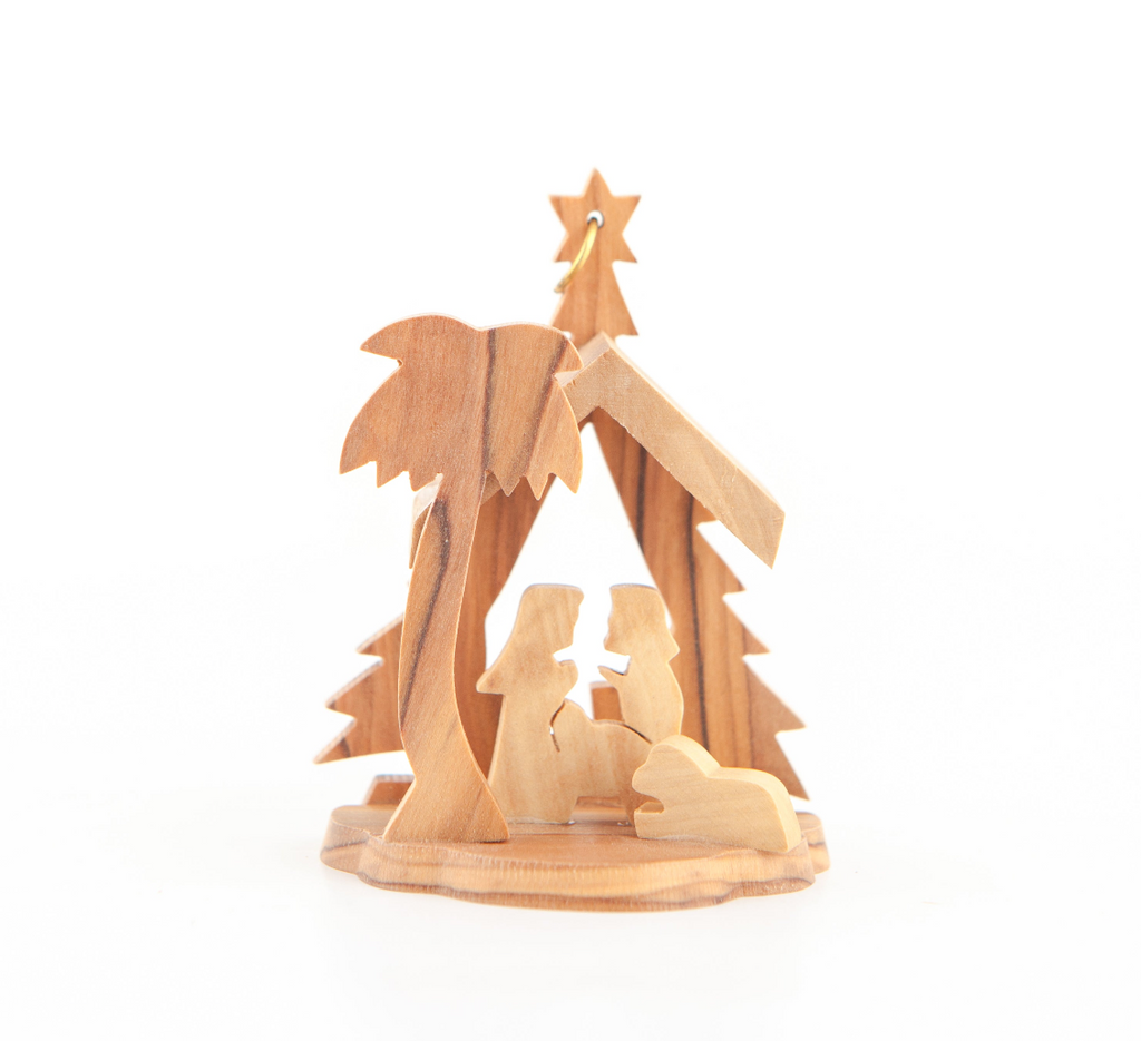 Olive wood nativity scene hand carved in Bethlehem, 3.25 inch three quarter view of the religious piece