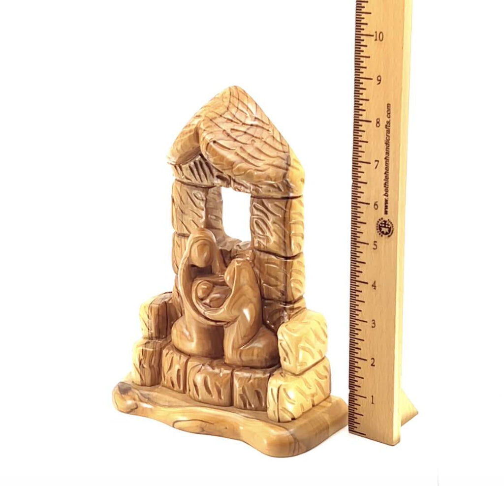 Olive wood nativity scene hand carved in Bethlehem, 8.5 inch three quarter view of the religious piece