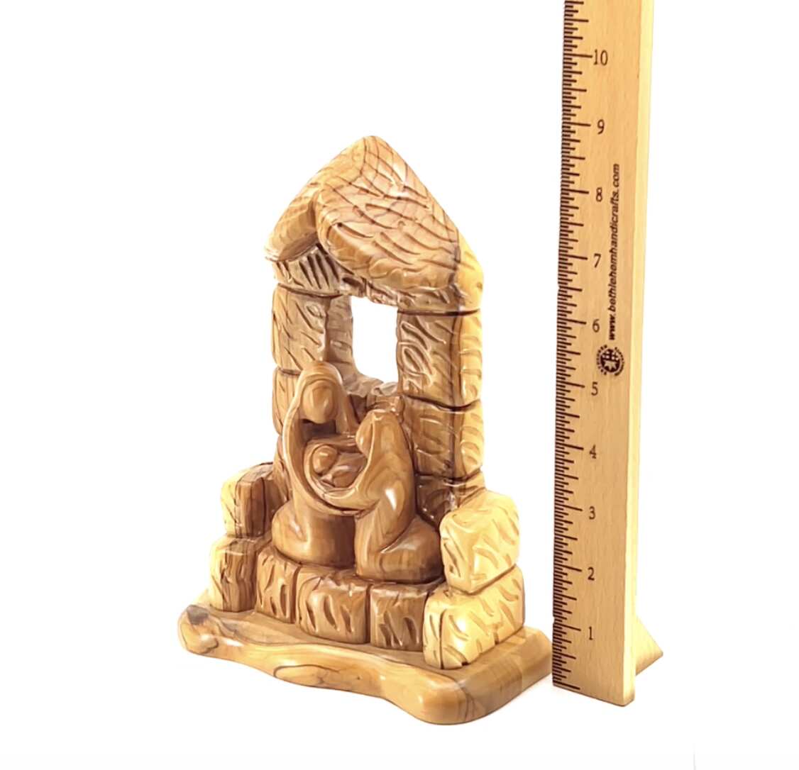 Olive wood nativity scene hand carved in Bethlehem, 8.5 inch three quarter view of the religious piece