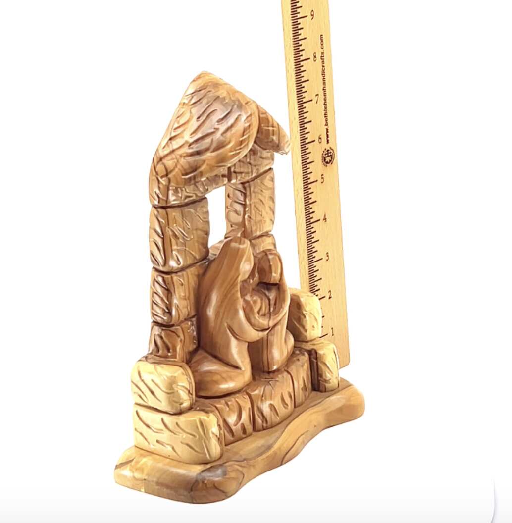 Olive wood nativity scene hand carved in Bethlehem, 8.5 inch close detail of the hand carved work