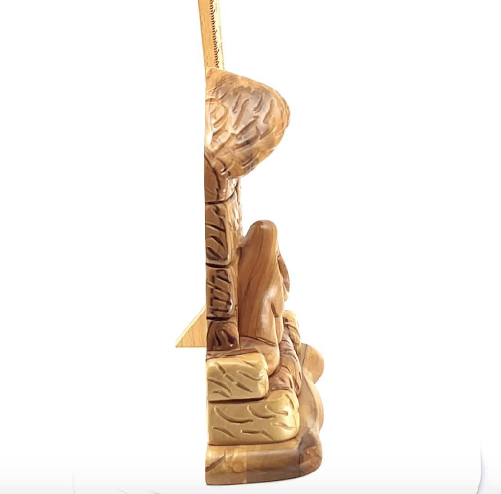 Olive wood nativity scene hand carved in Bethlehem, 8.5 inch back view of the olive wood sculpture