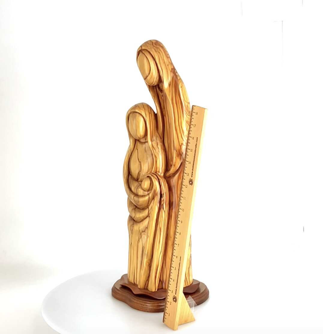 Olive wood nativity scene hand carved in Bethlehem, 23.3 inch side angle of the olive wood sculpture