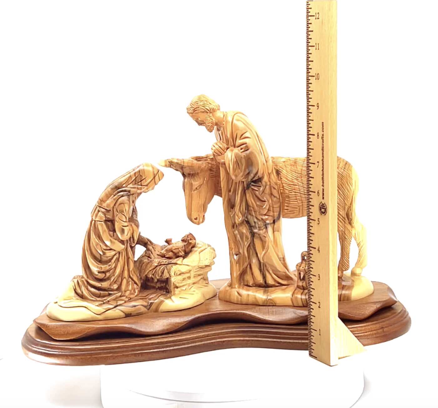 Olive wood nativity scene hand carved in Bethlehem, 15 inch back view of the olive wood sculpture