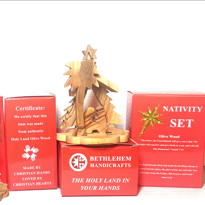 ( Set of 6) Nativity Scene Ornaments (Christmas Tree Background), 3.25" Olive Wood from Bethlehem