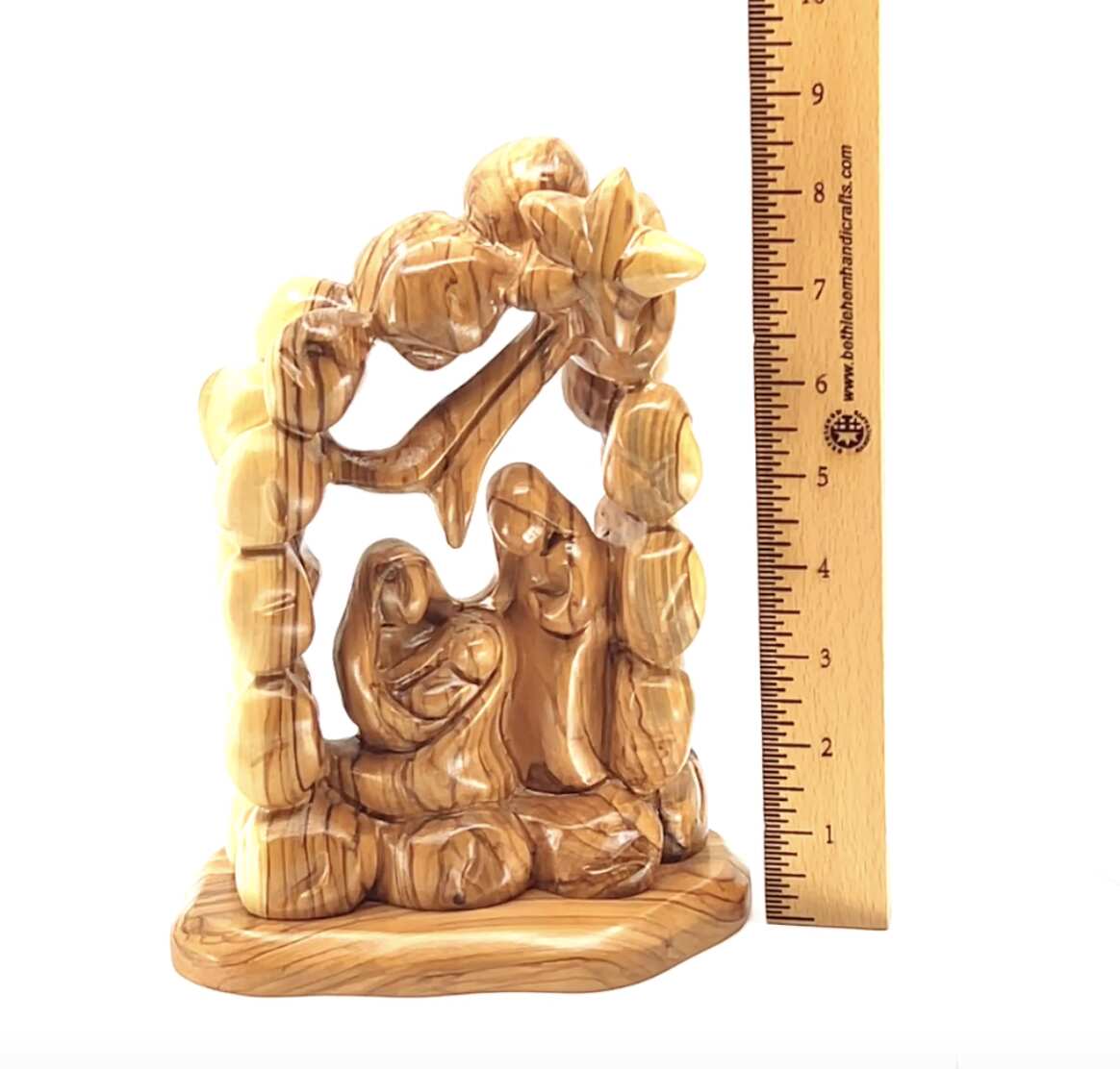 Olive wood nativity scene hand carved in Bethlehem, 8.7 inch scale reference view