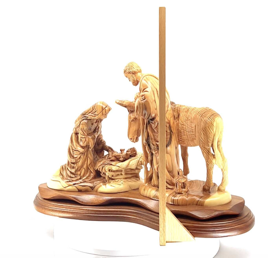Olive wood nativity scene hand carved in Bethlehem, 15 inch three quarter view of the religious piece