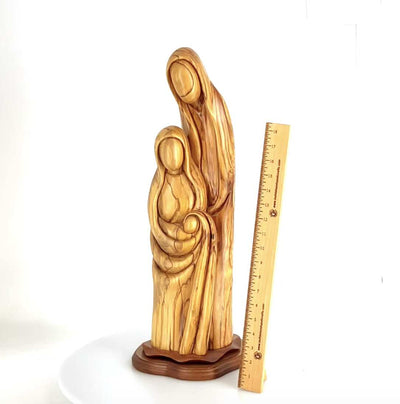 Nativity Scene Sculpture with Holy Family, 23.3" Abstract Statue, Hand Carved Olive Wood