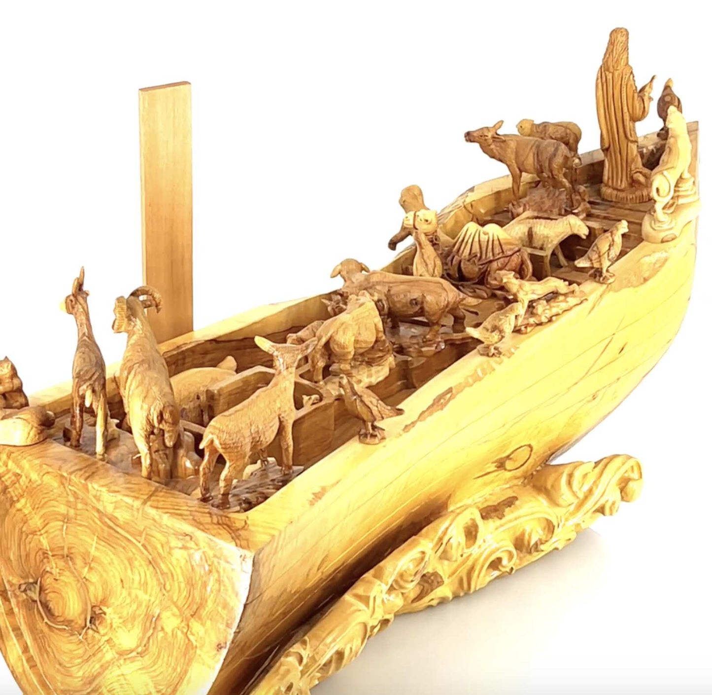 Noah's Ark with Carved Animals Figurines, 34" Long, Very Large Olive Wood Carving from Holy Land