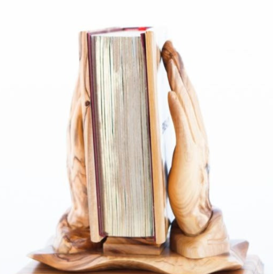 Book Holder Made from Carved Wooden Hands with Unique Wood Grain Pattern, with Bible 