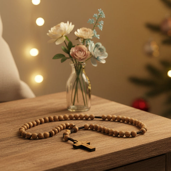 A traditional communion rosary with wooden beads and an engraved crucifix, handmade in Bethlehem.