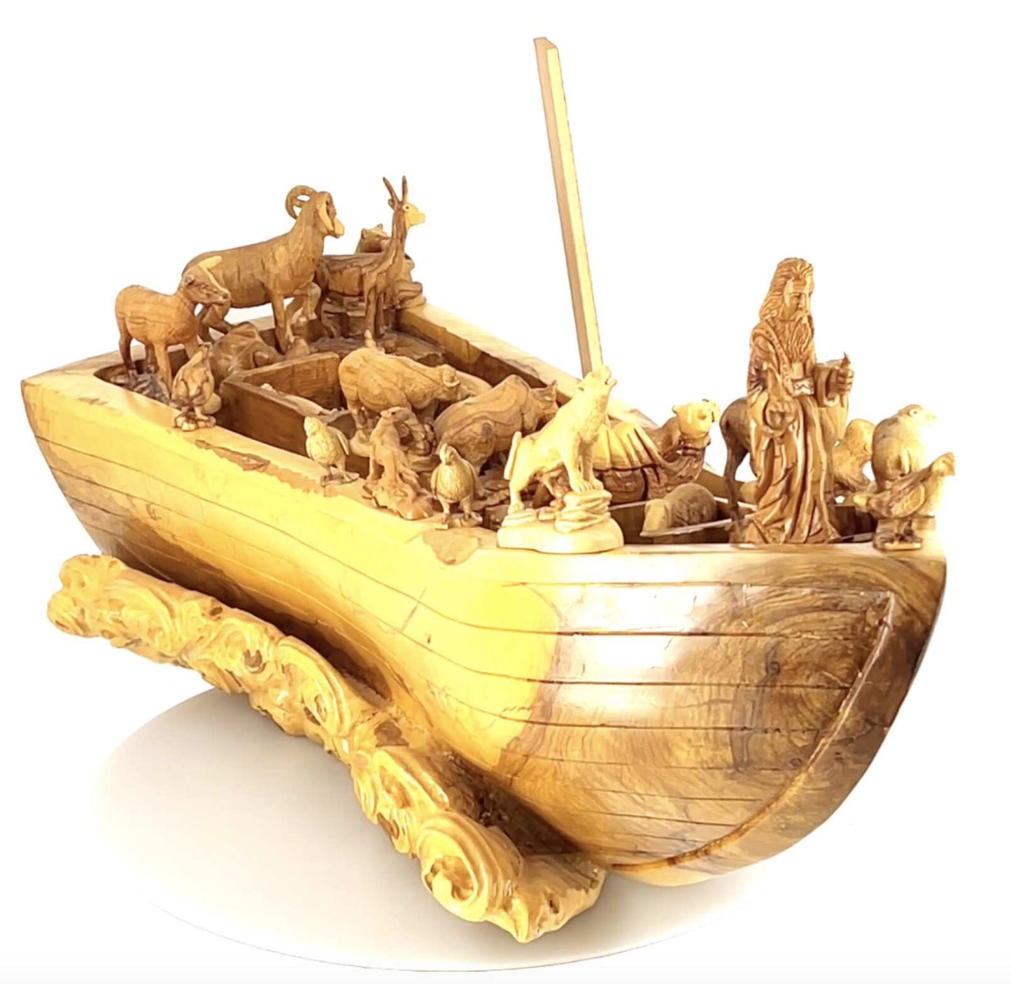 Noah's Ark with Carved Animals Figurines, 34" Long, Very Large Olive Wood Carving from Holy Land