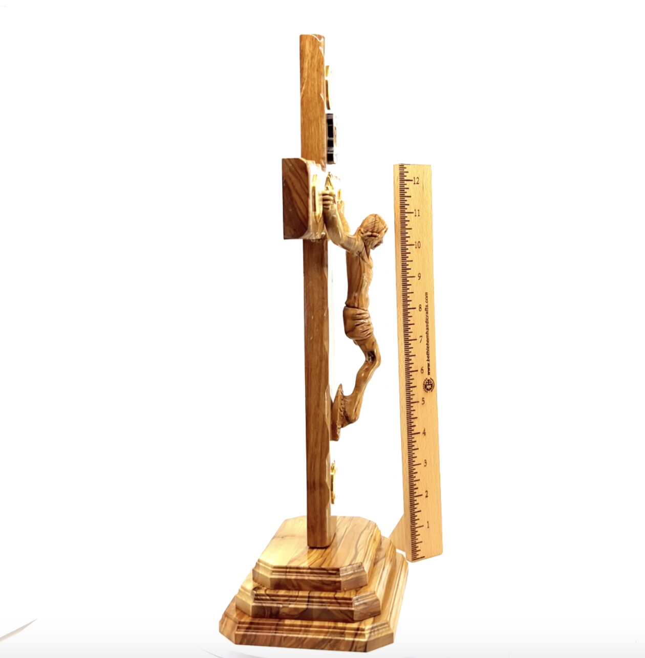 Standing Crucifix, 13.5" with 2.5" Base, Holy Land Olive Wood with 5 souvenirs