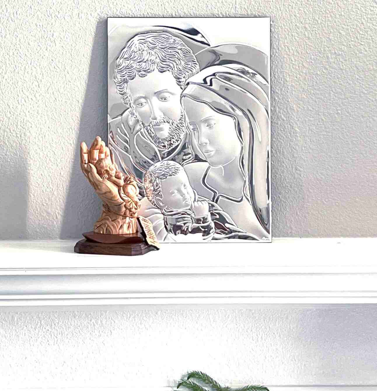 Holy Family with Baby Jesus Christ Silver Icon Standing or Wall Hanging Christian Art