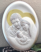 Holy Family Christian icon hand made in Bethlehem, side angle of the silver sculpture
