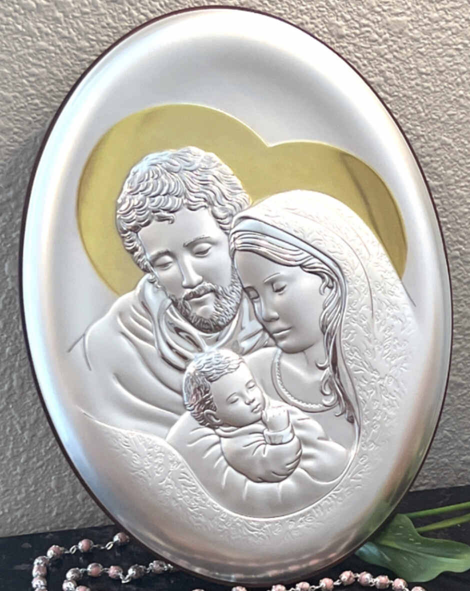 Holy Family Christian icon hand made in Bethlehem, side angle of the silver sculpture