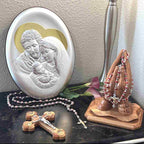 Holy Family Christian icon hand made in Bethlehem, three quarter view of the religious piece