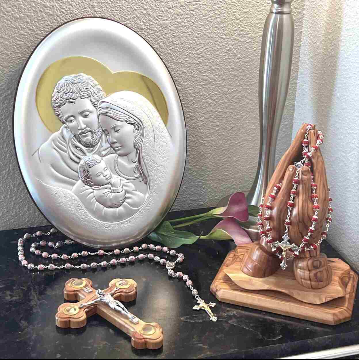 Holy Family Christian icon hand made in Bethlehem, three quarter view of the religious piece