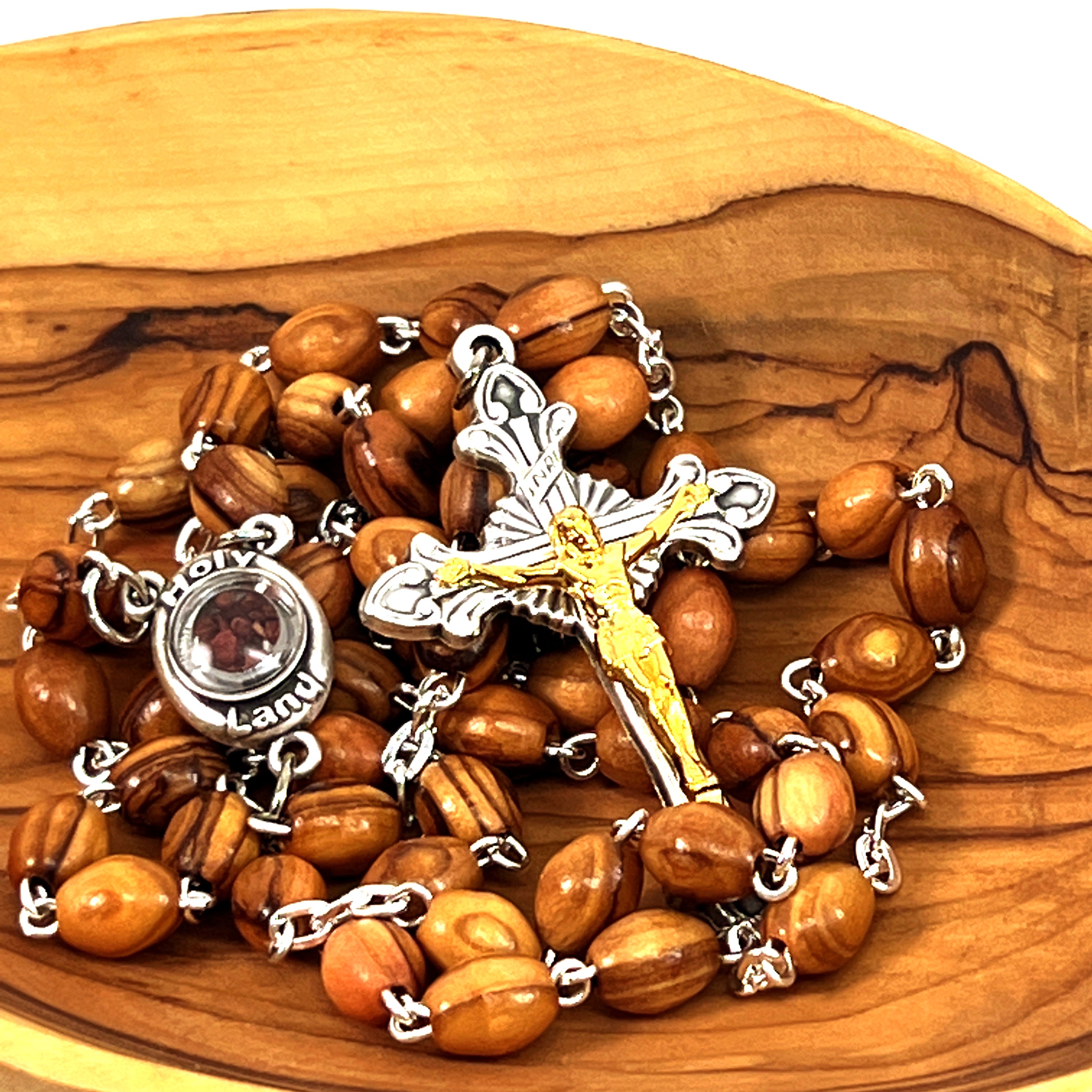 Rosary, Smooth Oval Beads, 16.5", Holy Land Olive Wood, Silver and Gold Plated Crucifix