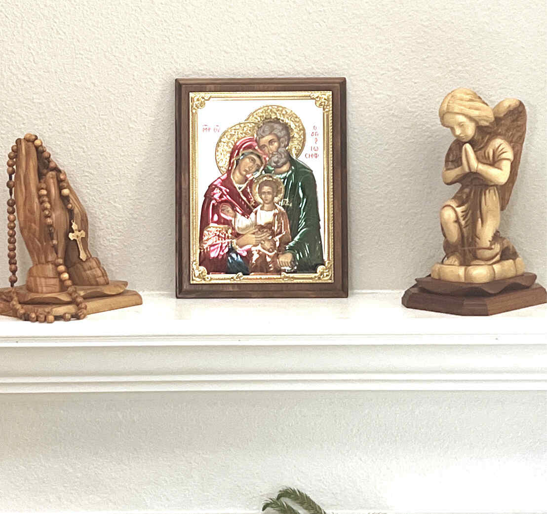 Holy Family Christian Silver Icon with Wooden Frame Mary, Jesus, St. Joseph