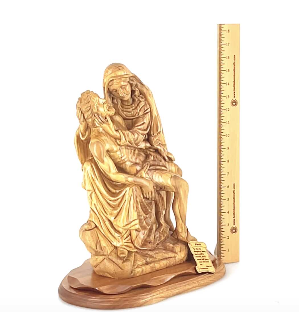 Pieta Figurine, Olive Wood Carving, 17.7" Statue from Bethlehem