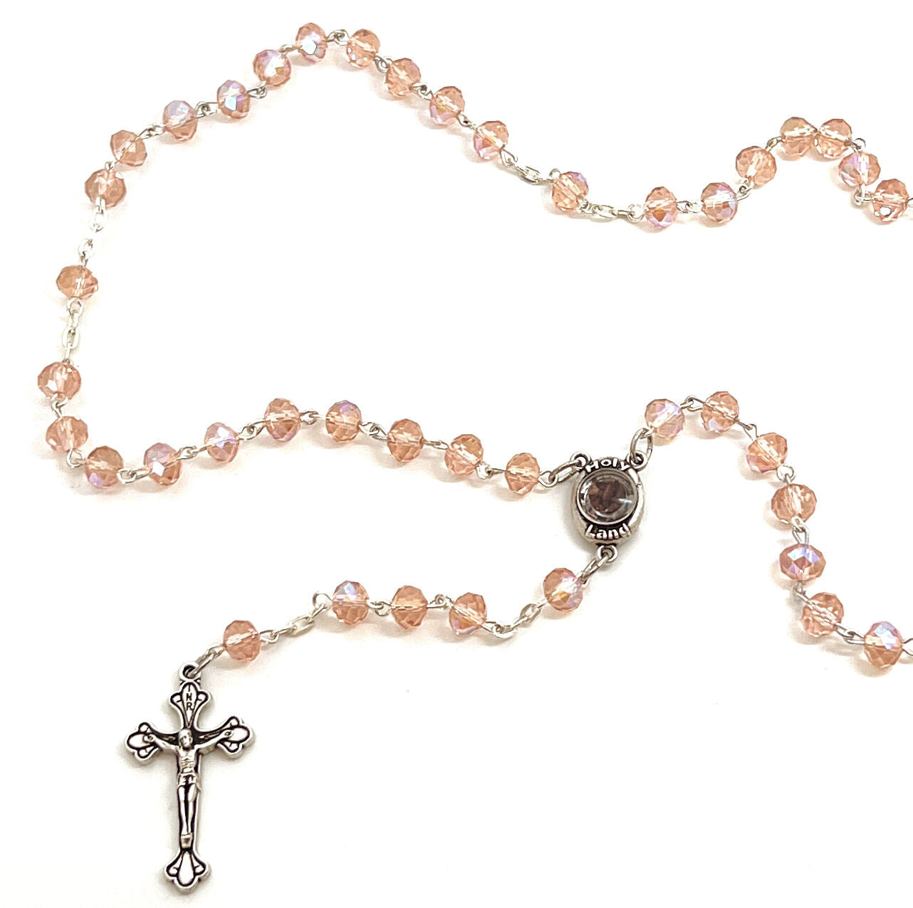 Rosary, Pink Crystal Beads, 18.5", Metal Chain, Bethlehem Handmade