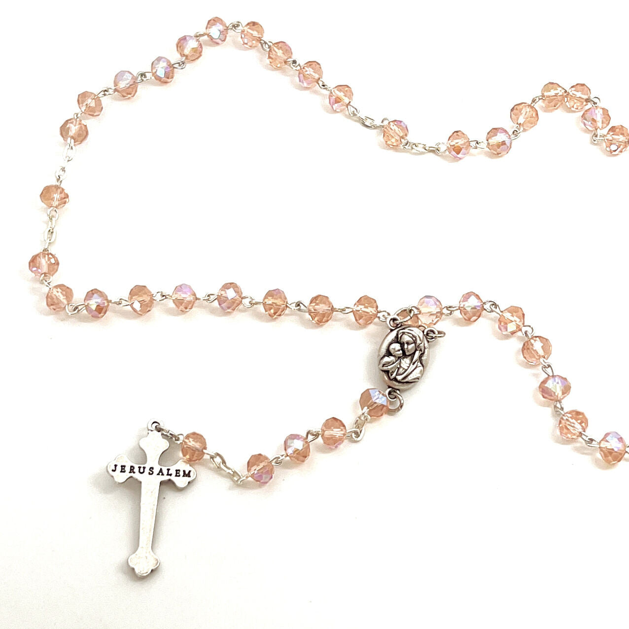Rosary, Pink Crystal Beads, 18.5", Metal Chain, Bethlehem Handmade