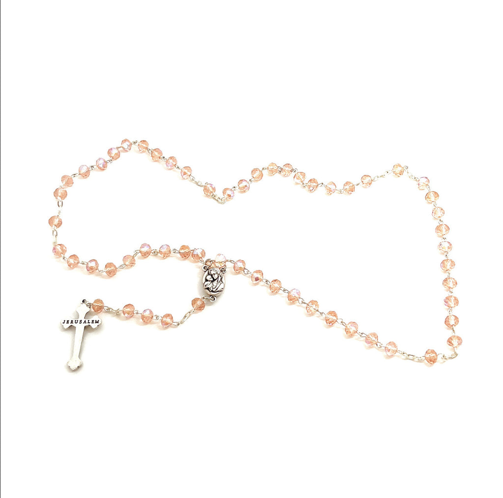 Rosary, Pink Crystal Beads, 18.5", Metal Chain, Bethlehem Handmade