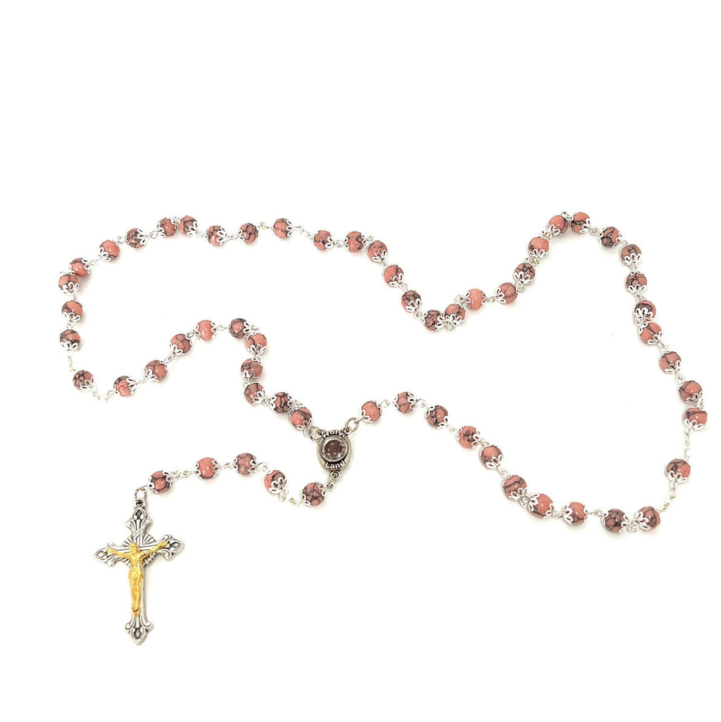 Rosary, Pink Beads, 22.4", Metal Chain, Bethlehem Handmade