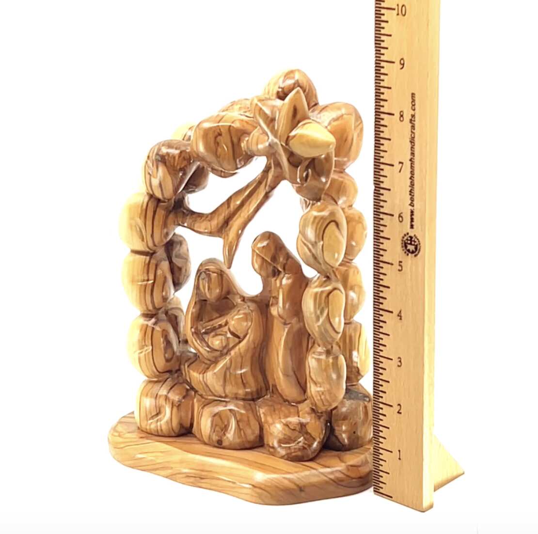 Olive wood nativity scene hand carved in Bethlehem, 8.7 inch three quarter view of the religious piece
