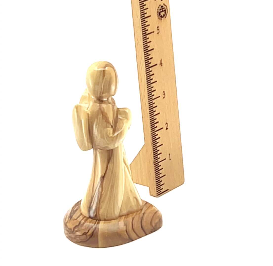 Angel olive wood statue hand carved in Bethlehem, 5.1 inch close detail of the hand carved work