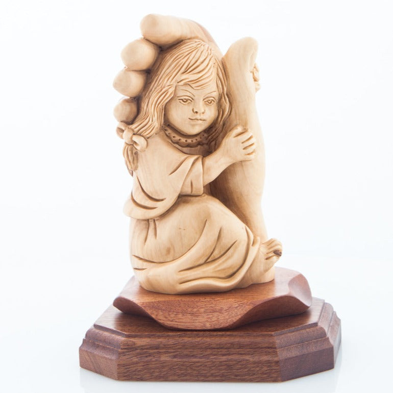 Protected by the Hand of God Carving with Girl Sculpture from Olive Wood with Mahogany Base
