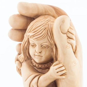 Protected by Hand of God Carving with Girl Sculpture from Olive Wood with Mahogany Base