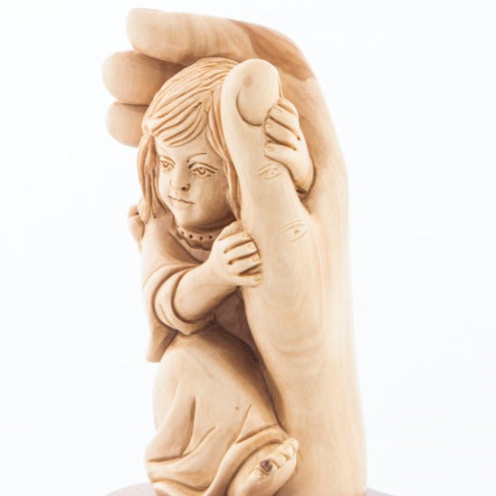 Realistic Protected by the Hand of God Carving with Girl Sculpture from Olive Wood with Mahogany Base