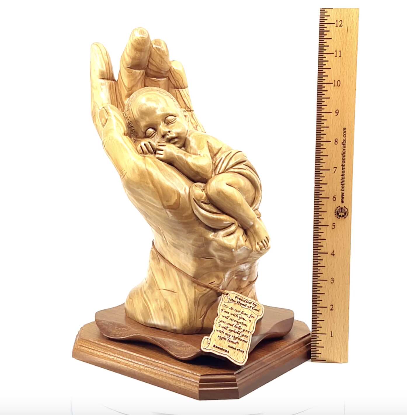 religious olive wood statue hand carved in Bethlehem, 12.4 inch detail of the carved figure