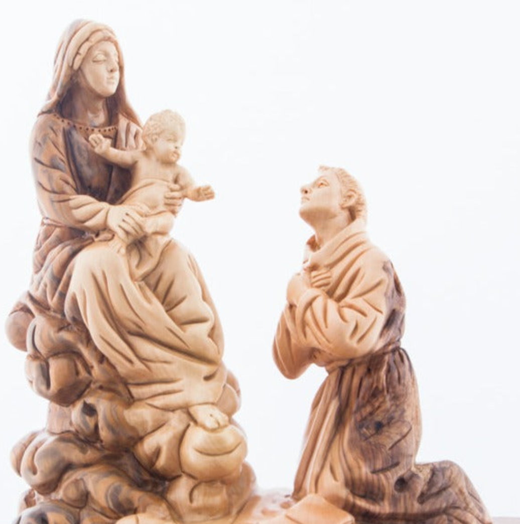 Kneeling Saint Francis in front on the Blessed Mother Virgin Mary, Queen of the Franciscan Order , Holding the Baby Jesus Christ, Art Carving from Olive Wood grown in Bethlehem