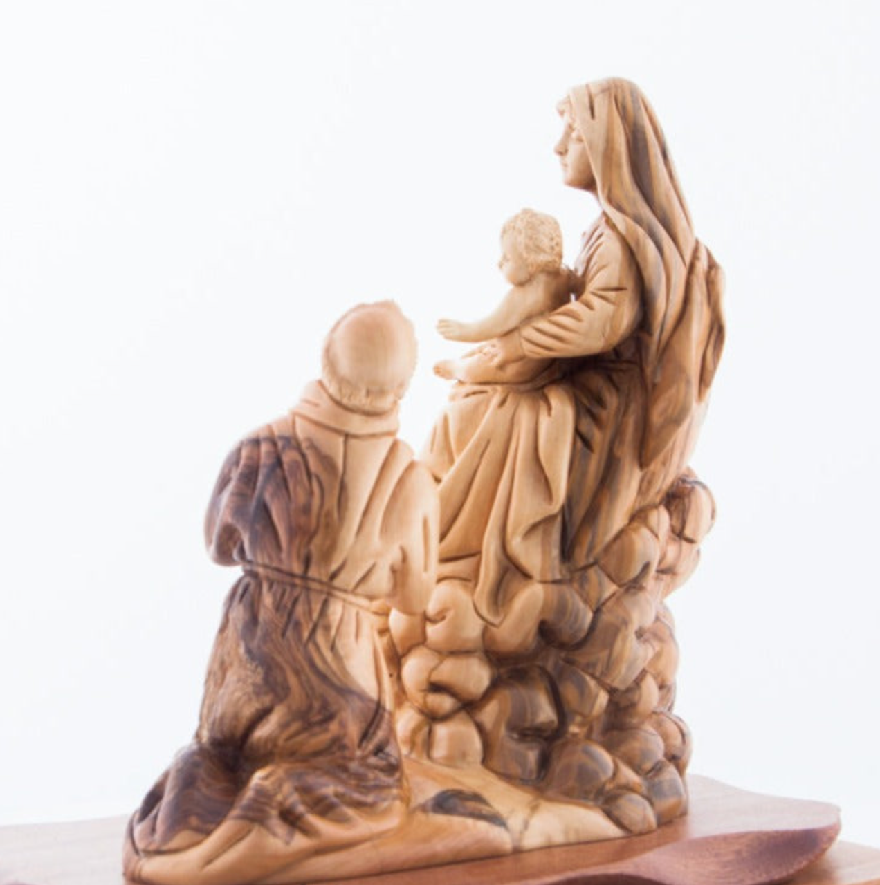 Queen of the Franciscan Order Virgin Mary Holding Baby Jesus Christ with St. Francis Kneeling Carved Art Sculpture in Olive Wood Statue from Holy Land
