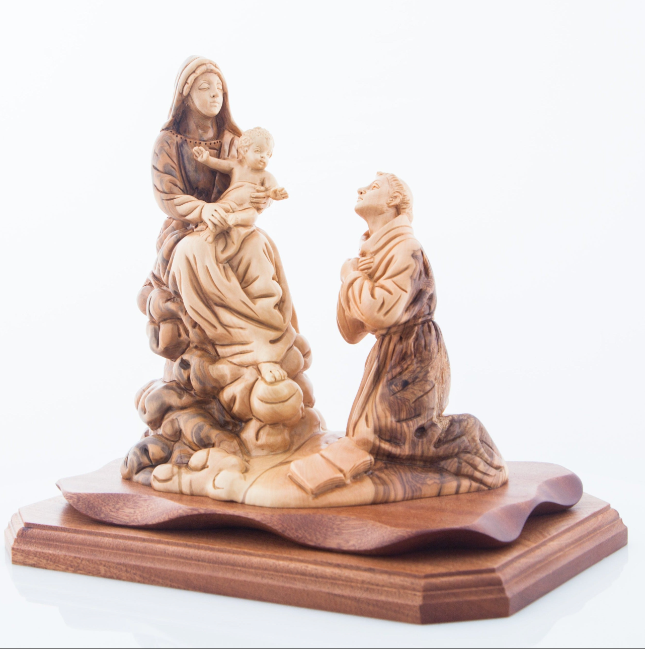 Queen of the Franciscan Order Virgin Mary Holding Baby Jesus Christ with Saint Francis Kneeling Carved Olive Wood Statue from the Holy Land