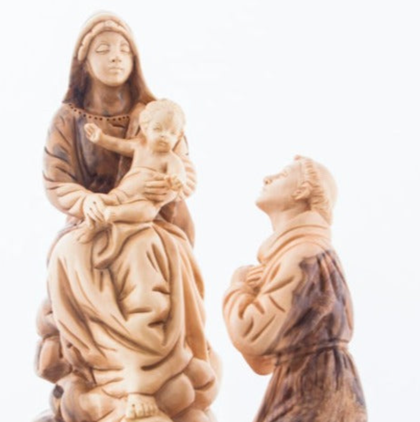 Virgin Mary Queen of the Franciscan Order with the Holy Child Jesus Christ with Kneeling Saint Francis Carving from Olive Wood grown in the Holy Land, beautiful unique christian art inspired from the Bible