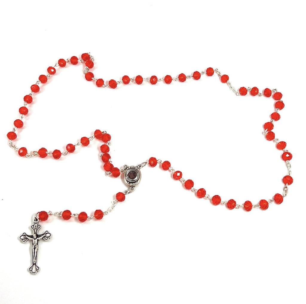 Rosary, Ruby Red Crystal Beads, 19.2", Metal Chain, Bethlehem Handmade