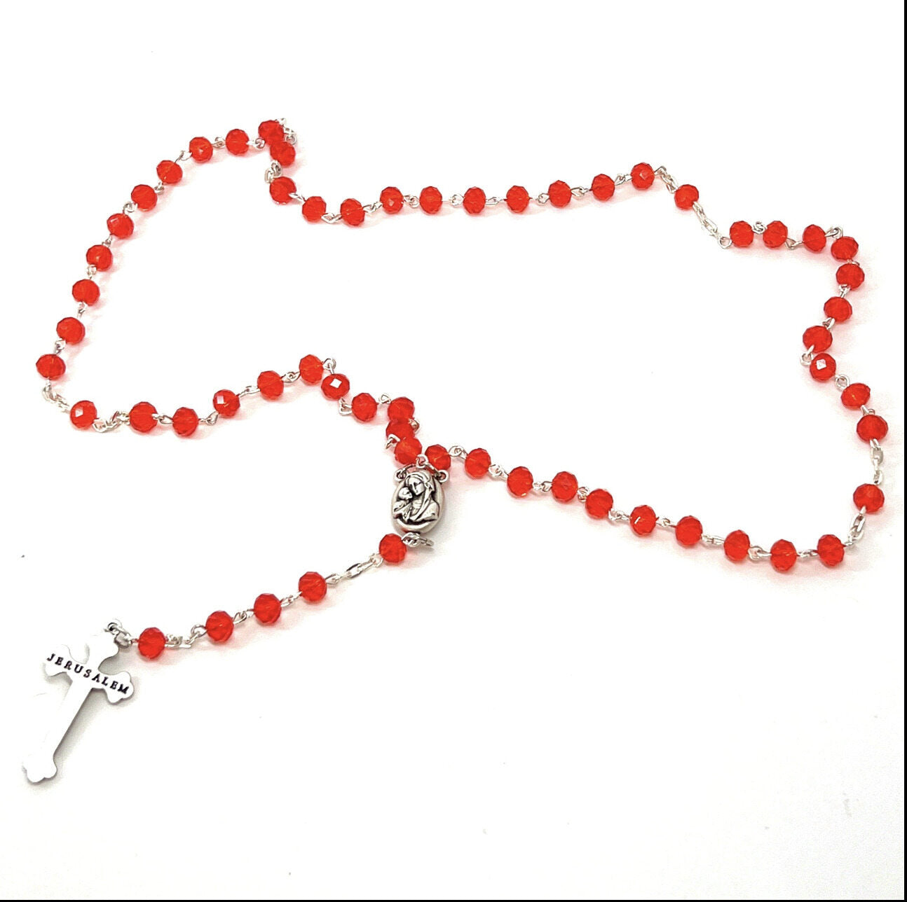 Rosary, Ruby Red Crystal Beads, 19.2", Metal Chain, Bethlehem Handmade