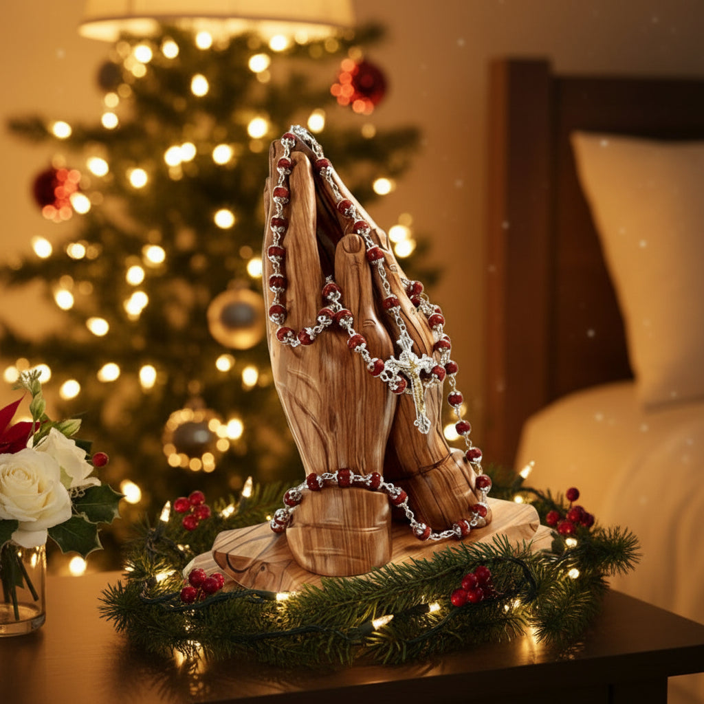 Rosary, Red Stone Beads, 22.4", Metal Chain, Bethlehem Handmade