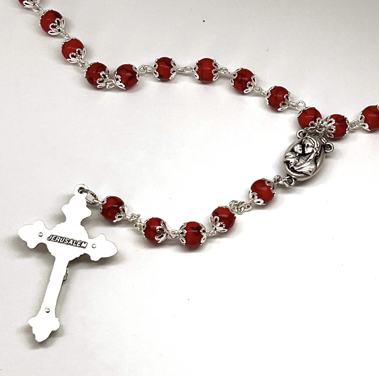 Rosary with Red Stone Beads, Metal Chain and 2" Crucifix, Made with Holy Land Coral Stone Beads