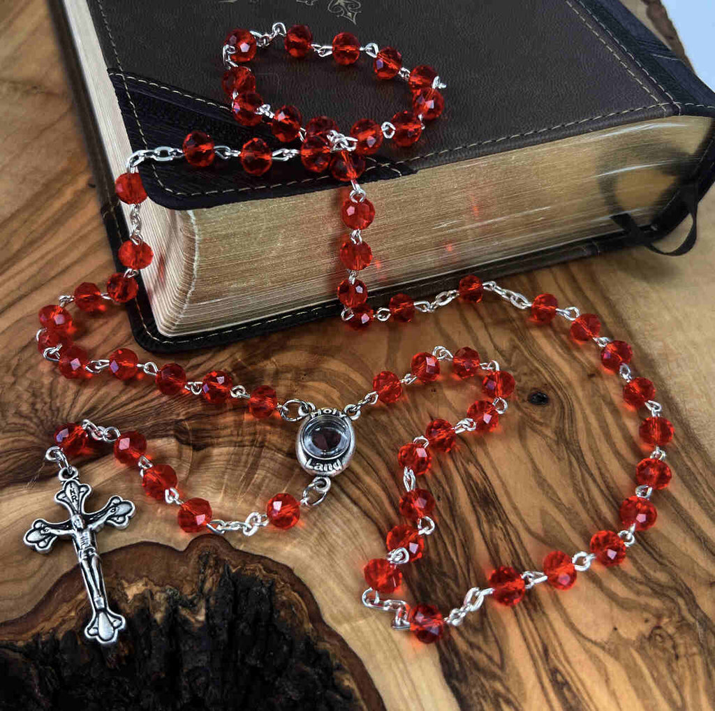 Rosary, Ruby Red Crystal Beads, 19.2", Metal Chain, Bethlehem Handmade
